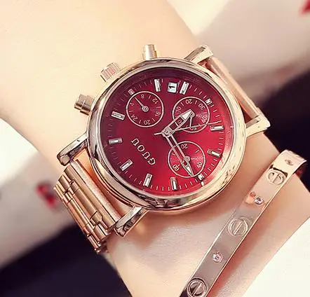 AAA GUOU модные роскошные женские часы из нержавеющей стали с календарем из розового золота с 3 глазами женские платья мужские кварцевые часы - Цвет: Red