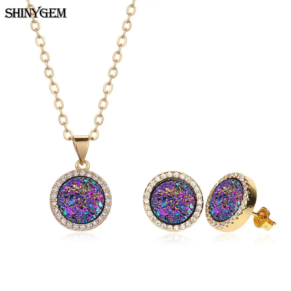 ShinyGem Noble Druzy Earrings Necklace Set Gold Color Round Zircon Party Jewelry Crystal Natural Stone For Women | Украшения и