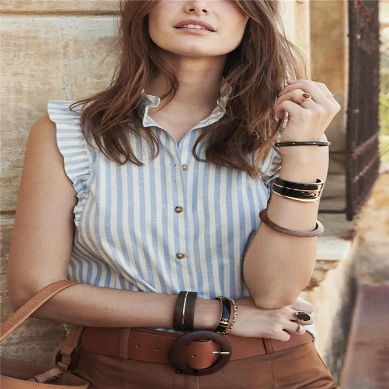 

Women Shirts Blue Striped Short-sleeved Button Slit Irregular Ruffled Commuter Office Loose Casual Blouses Thin Cool Female Tops
