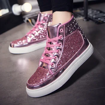 

2019 new woman High Top Sneakers Sequins Rivet Glitter Lace-Up woman Shoes Outdoor Skateboard Shiny Flat Sneakers lady B1-86