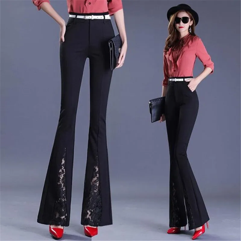 Elegant Office Lady Lace Embroidery Stitching Flared Pants Womens Sexy High Waist Bell Bottom Pants Casual Stretch OL Trousers