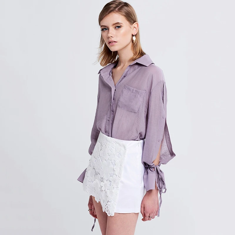  HDY Haoduoyi Apparel Solid Purple Sweet Women Shirts Turn-down Collar Full Sleeve Split Lace-up Bel