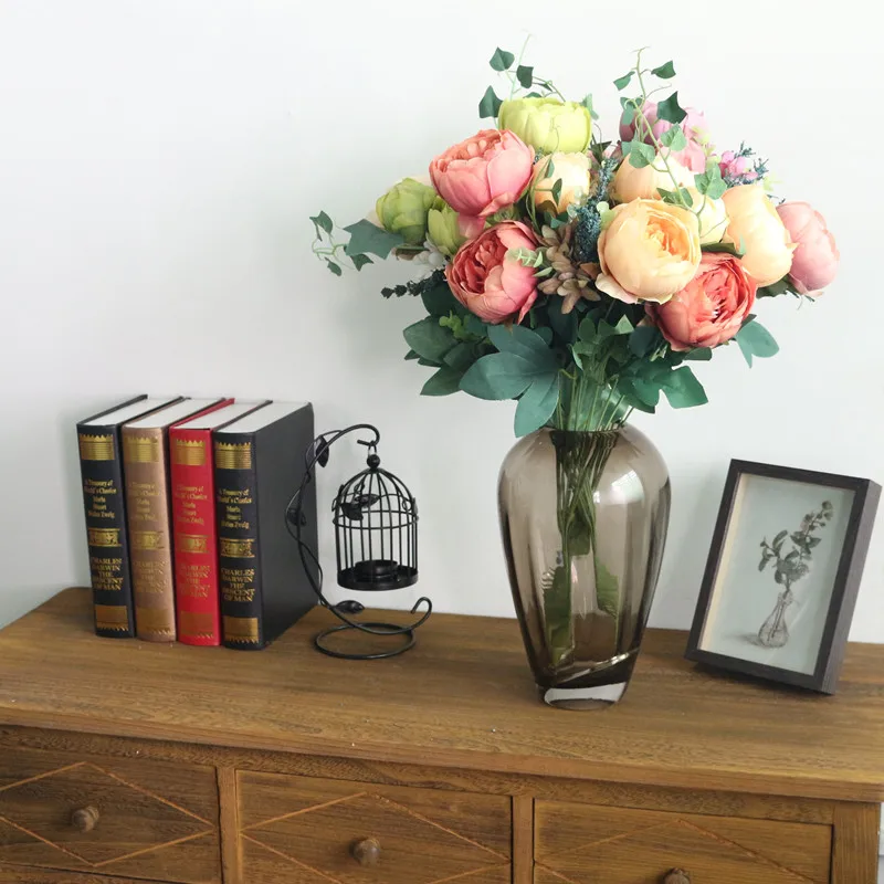 Flone Hight Quality Silk Flower European Peony Flower Bouquet Artificial Flowers Fake Leaf Wedding Home Party Decoration (1)