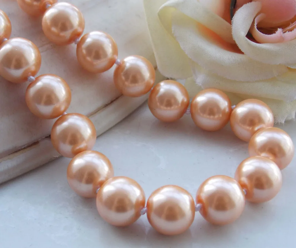 

Free Shipping >>AAA 12mm Light Orange South Sea Shell Pearl Round Beads Necklace 18'' F-21
