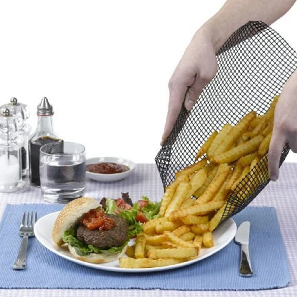 Chips Mesh Baking Tray Basket Grilling Pan Sheet Crisper Reusable Non-stick, Sits directly on the oven shelf