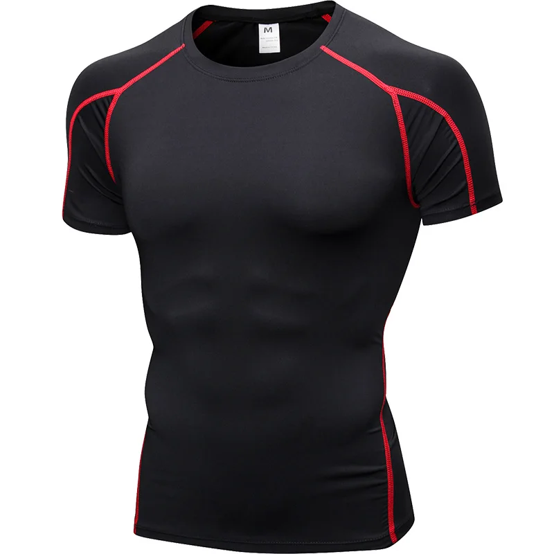 Хит, быстросохнущая Спортивная одежда для фитнеса, облегающие компрессионные футболки для бега, короткие спортивные футболки для спортзала, топ, футболка для спортзала, Кроссфит, Спортивная рубашка для мужчин - Цвет: black red line