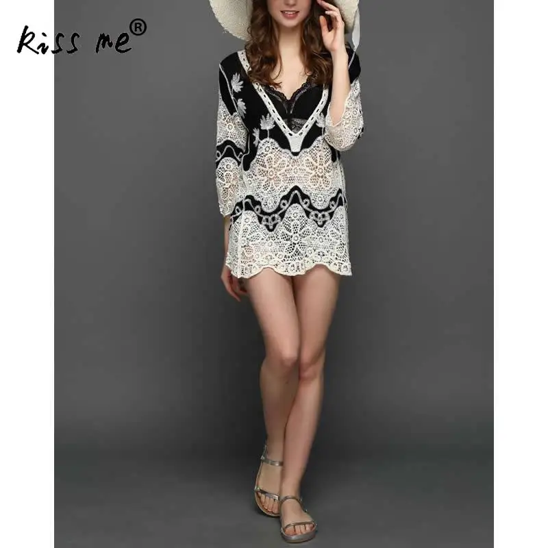 

Lace Women's Dresses Ripple Pattern Black Beach Cover Up Women's Tunic Hollow Beachwear Cover-Ups Yellow Summer Dress for Women