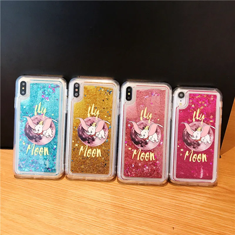 

Cartoon Moon Dumbo Dynamic Liquid Quicksand Phone Case for iPhone XR XS MAX 7 8 6 S Plus Shiny TPU Soft Shell Coque Fundas
