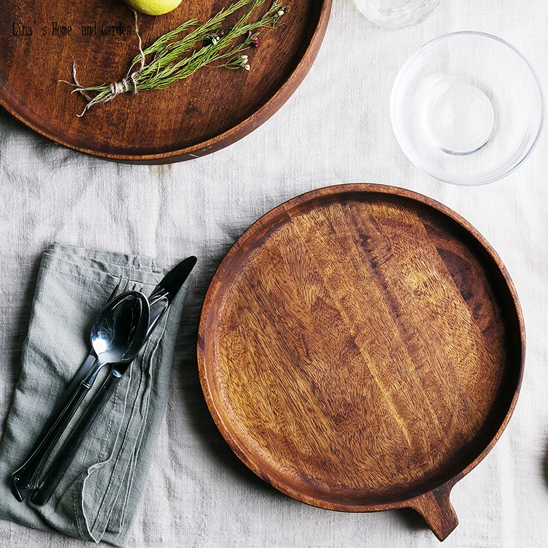 antique solid mango wood round tray with side handle (2)