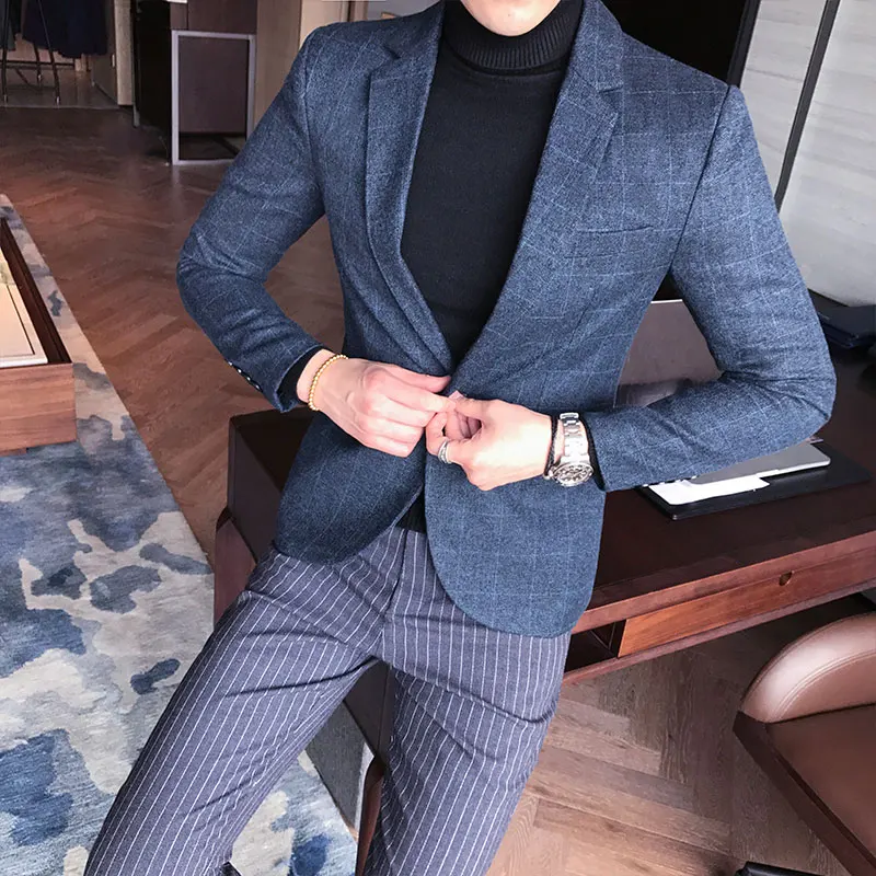 Quality Men Blazers Mens Plaid Wedding Suit Jacket Business Formal Party Blazer Slim Fit Male Custom Dress Coat