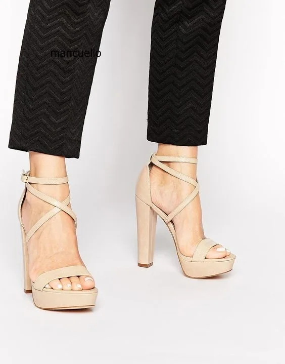 

Fashion New Design Women White PU Leather Chunky Heels Peep Toe Buckle Platform Sandals Cross Strap Decoration Dress Sandals