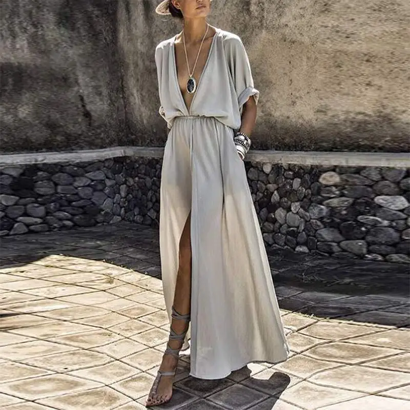 Sexy Deep V-Neck Women Dress Solid Half Sleeve Split Elegant Ladies Loose Party Vestidos Black Grey S-3XL | Женская одежда