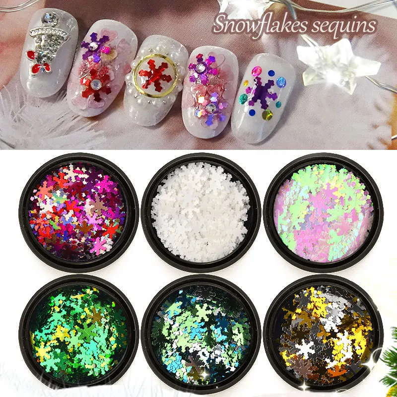 

1 Jar Nail Art Decoration laser colorful DIY Design 3D Tips White AB Snowflake Sequins Manicure DIY Slice Sticker