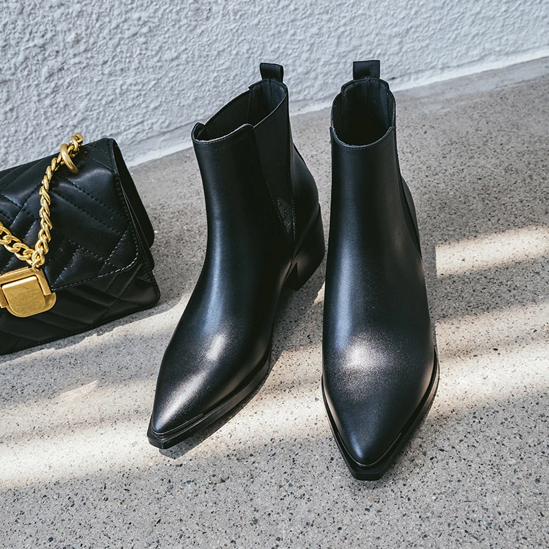 Tanie ISNOM Chelsea kostki buty damskie krowa skórzane buty szpiczasty nosek metalowe buty kobieta moda wysokie obcasy na imprezę buty damskie jesień