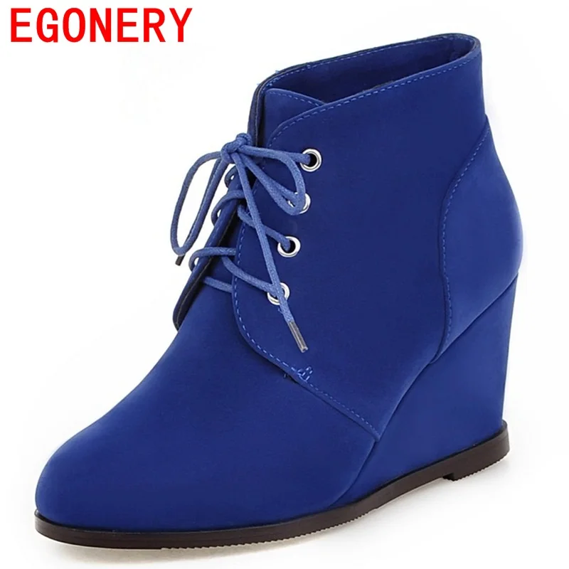 

EGONERY flock warm ankle boots winter solid lace-up wedges high heels round toe thick concise heels boots for women