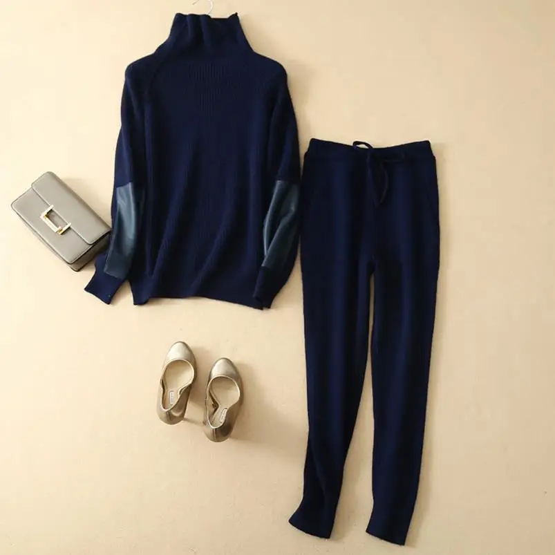 Зимний Шерстяной Вязаный теплый костюм, свитер с высоким воротником+ штаны, свободный комплект из двух предметов, вязаный - Цвет: Синий