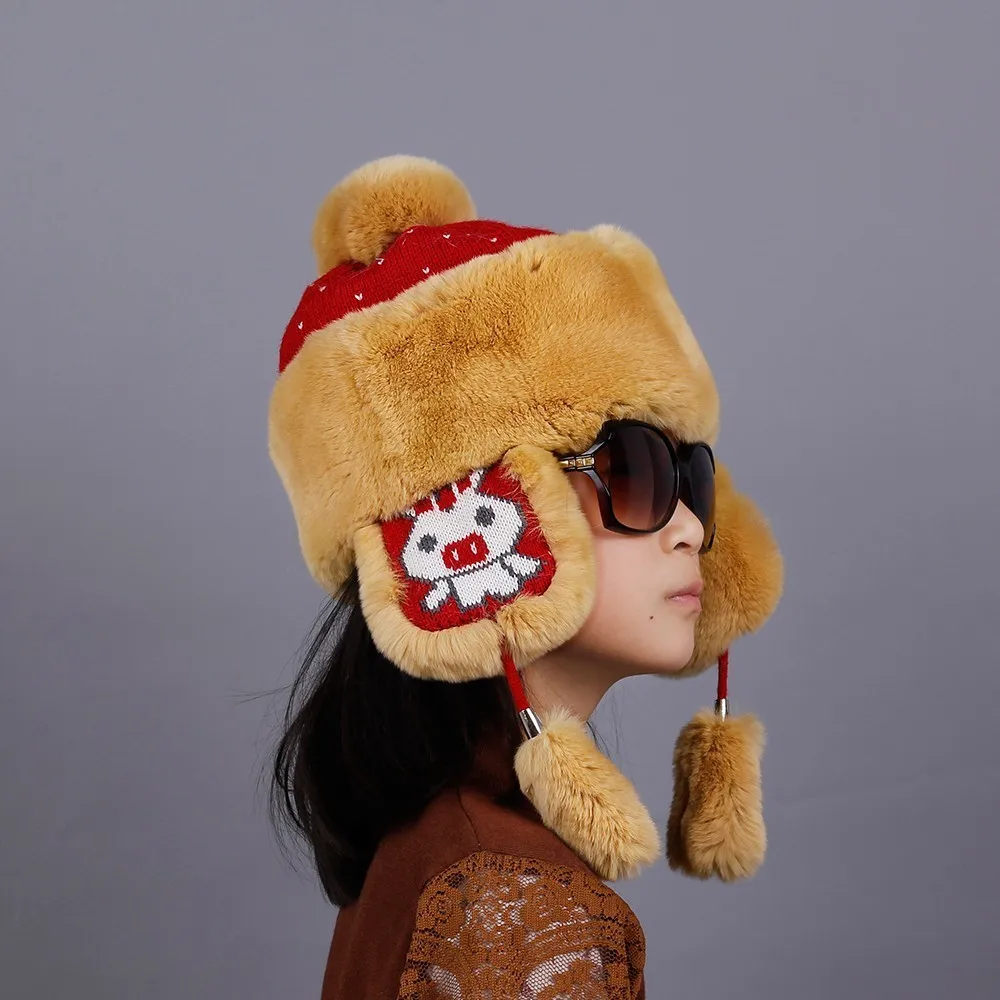 YECHNE Autumn Winter Parent-child Children Kids Girl Boy Bomber Cap Female Earmuff Hat Rex Rabbit Fur Hat Cap - Цвет: Yellow