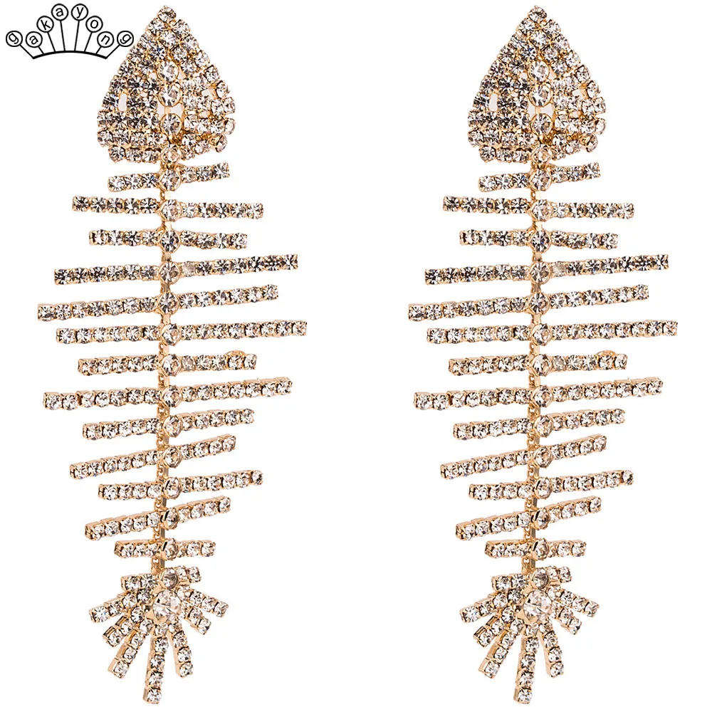 

Trendy Wedding Earrings Crystal Fish Bone Long Drop Earrings for Women Party Prom Statement Jewelry Gift Korean Earrings