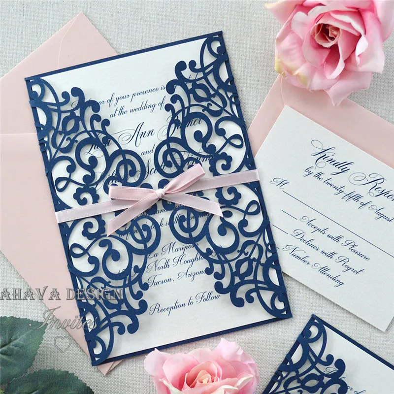 

Navy and Blush Laser Cut Wedding Invitation -Elegant Navy Laser Cut Gatefold invite with Peach Blush Ribbon