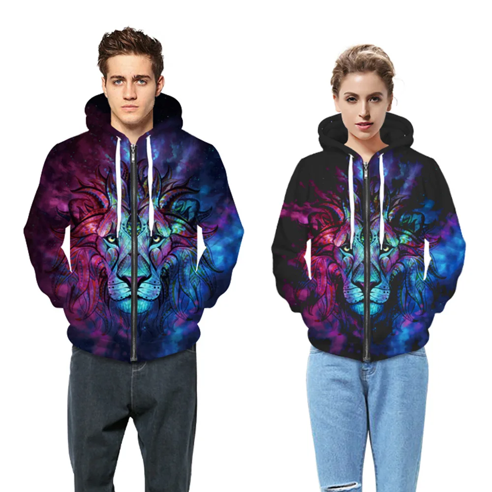 Hot Sale Autumn/Winter Dark Person Lion King 3D Printed Street Personality With Velvet Zipper Hoodie Lover Coat S-3XL