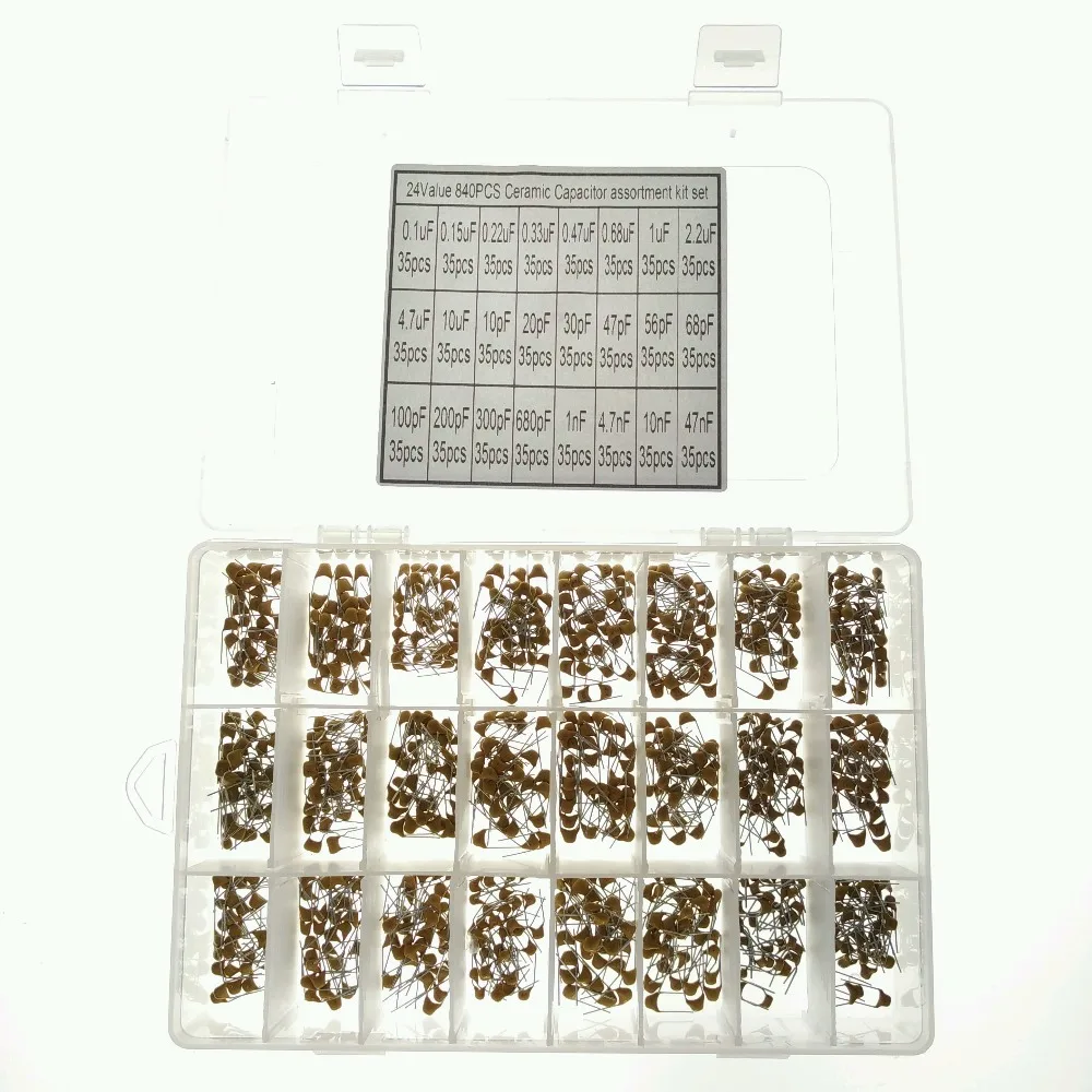 

24 Values 840pcs 0.1uF~47nF 4.7uF 10uF 10pF 20pF 30pF 47pF 56pF 68pF Monolithic Ceramic Capacitor Assorted Kit