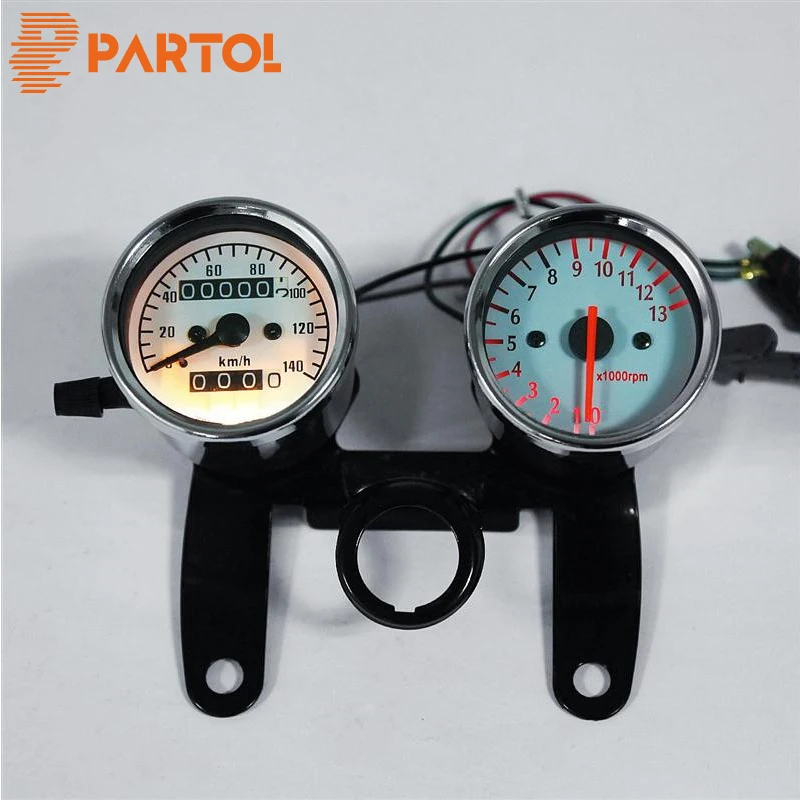 Partol Motorcycle Backlit Dual Speedometer Tachometer Kit Speed Meter