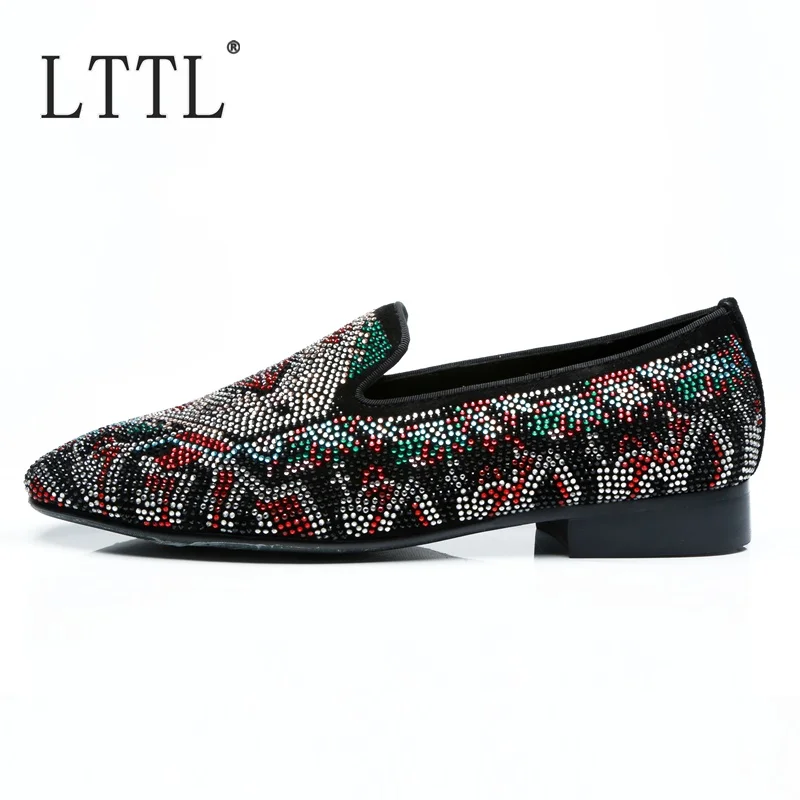 LTTL Newest Style Mixed-color Rhinestone Men Dress Shoes Luxury Fashion Cow Suede Men Loafers Slip-ons Mens Party And Prom Shoes