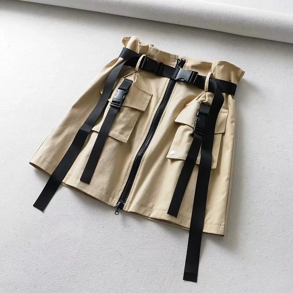 

Workwear Half Skirt Woman 2019 High Waist Zipper Hip Hop Belt Decorated A-word Skirt A-Line Knee-Length Black Women Skirt