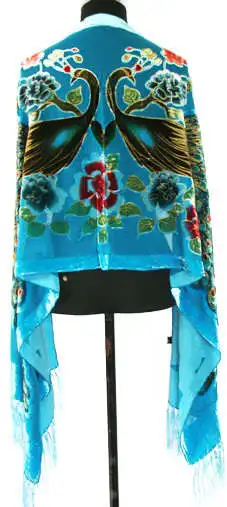 Novelty Hot Pink Female Silk Satin Velvet Cape Embroidery Beaded Pashmina Stole Chinese Style Peacock Muffler 175 x 54cm C020 5
