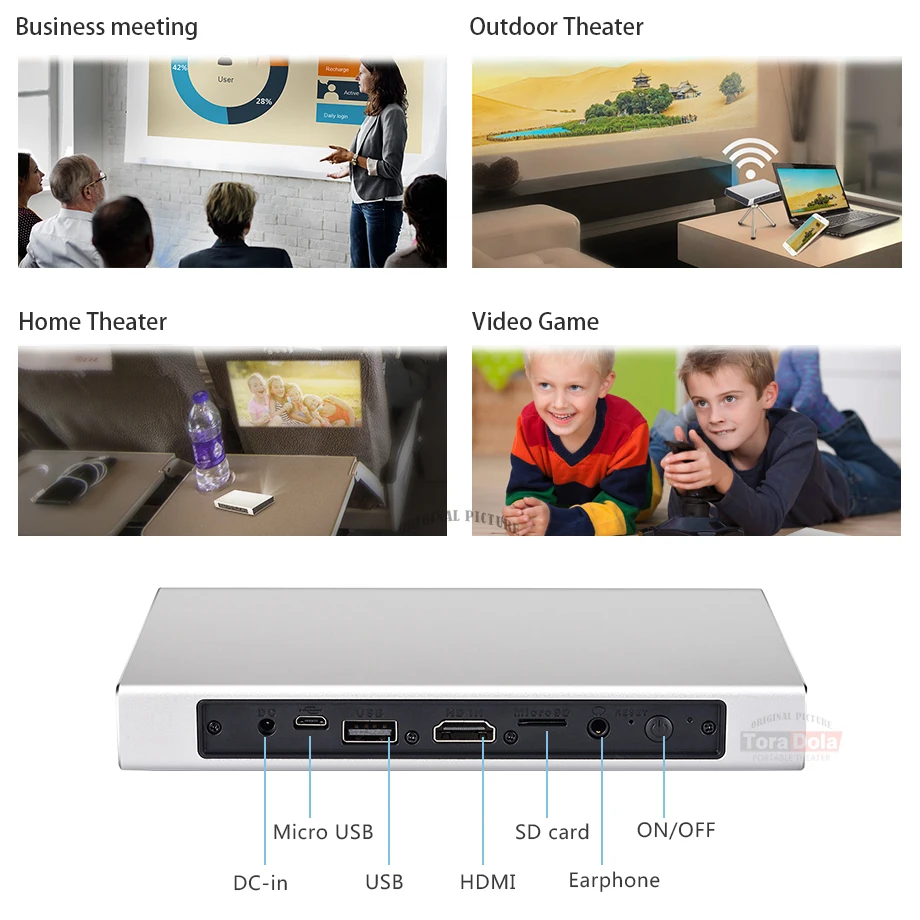 TORA DOLA PH40S, Portable DLP Projector, 1280x800 LED Beamer with Android 5.0 WIFI, Bluetooth, 8000mAH Battery, Optional PH40