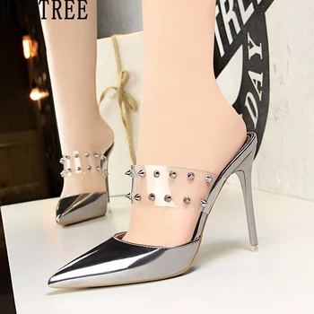 

BIGTREE Women Slides Mules Clear Transparent Crystal High Heel Sandals Pointed Toe Faux Patent Leather Stilettos Cut Out Shoes