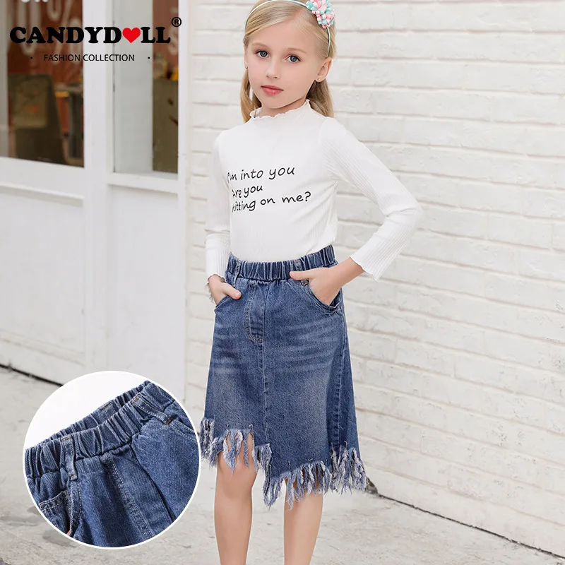 Autumn new children's skirt denim skirt Fashion high waist irregular