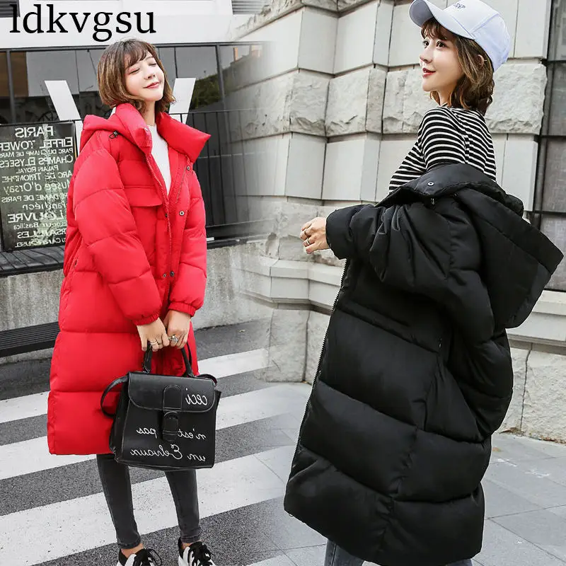 Новинка, зимняя куртка, женские пальто, хлопковая стеганая одежда, женская зимняя Корейская свободная длинная парка с капюшоном V17