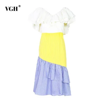 

VGH Summer Striped Hit Color Dress Women V Neck Butterfly Sleeve Ruffles Slim Hem Asymmetrical Female Dresses Fashion New Korean