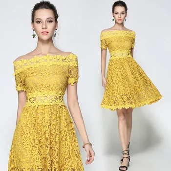 

New Women Lace Dress Hollow Out Long European Fashion Off-The-Shoulder Dresses Yellow Pleated Brand Design Quality Clothes S-Xxl