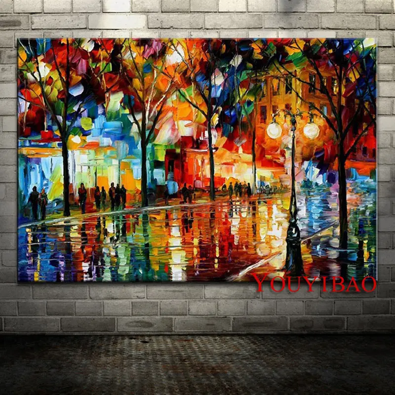Ручная роспись романтическая дождливая улица картина маслом на холсте Современный абстрактный нож пейзаж настенная живопись произведение искусства для гостиной - Цвет: 1P-y338