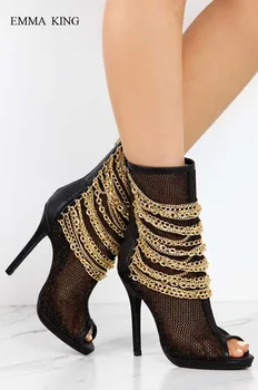

Summer Air Mesh Women Boots Chains Decorated Open Toe Hollow Out Ankle Boots Zipper Thin High Heels Botines Mujer Shoes Women