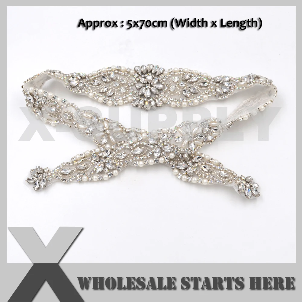 

70cm Length LONG Iron On Pearl Rhinestone Applique Belt for Bridal Wedding Dress,Sash,X1-RAT2533