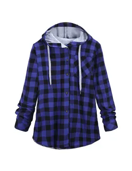 

New Women Fashion Autumn Casual Long Sleeves Plaid Hooded Loose Cardigan Coat