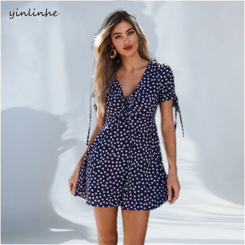 

yinlinhe Blue Floral Summer Dress Short Sleeve V neck Lace Up dot Sexy Women Dress Office red Elegant mini bodycon Vestidos 398