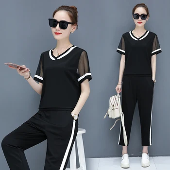 

New short-sleeved blouse stripe trousers 2018 summer two-piece clothing set women's casual suit pants Korean fashion outfit
