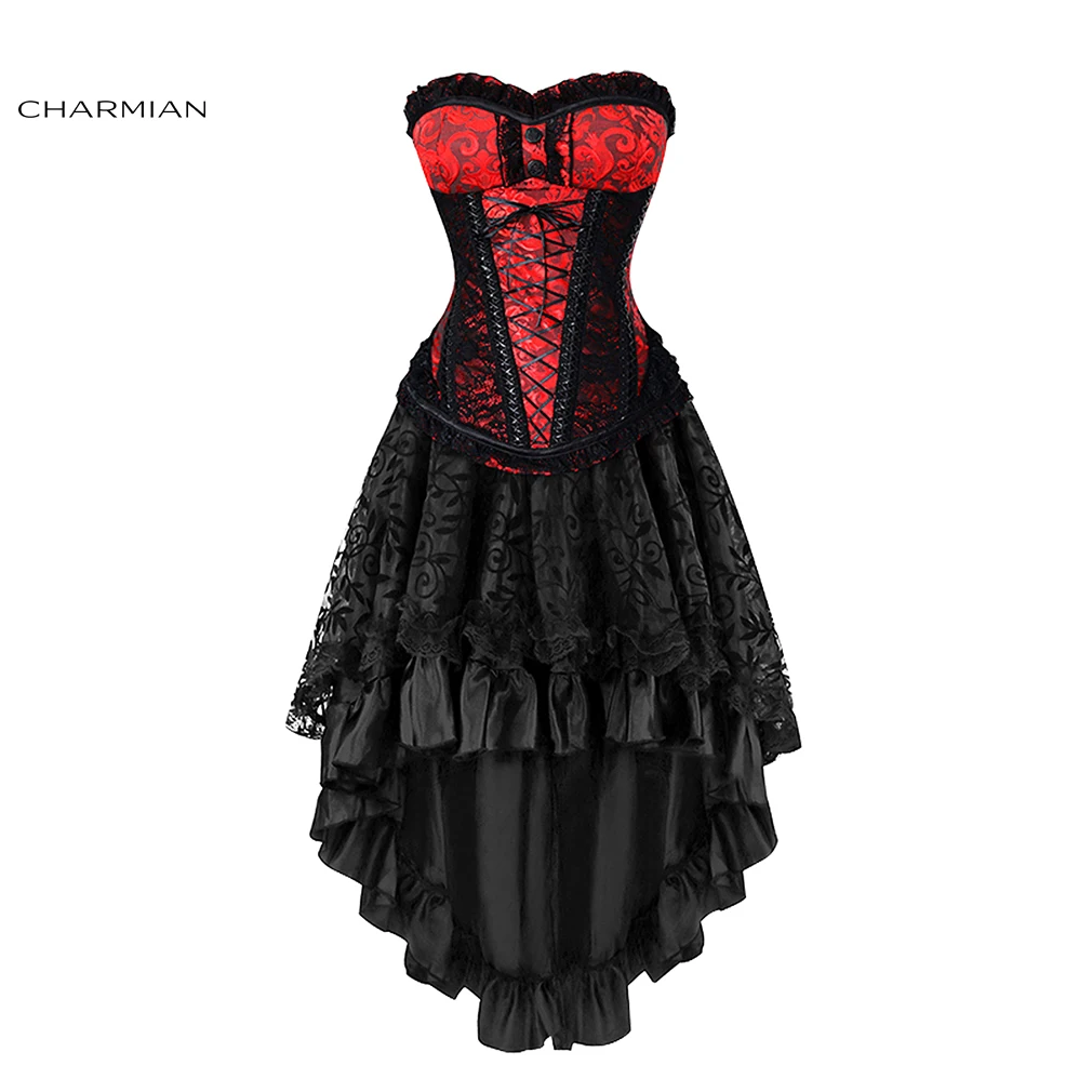 

Charmian Women's Sexy Gothic Victorian Steampunk Corset Dress Set Steel Boned Overbust Corsets and Bustiers Party Waist Trainer