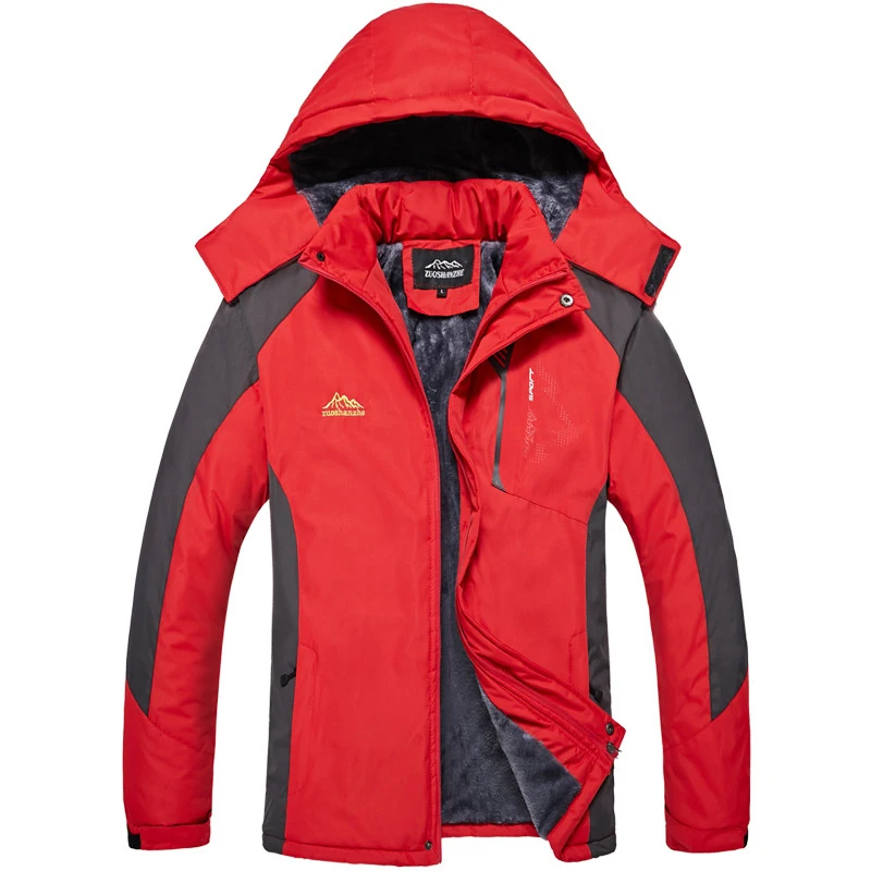 Мужская разноцветная теплая куртка большого размера, зимняя мужская куртка с капюшоном, бархатная теплая куртка - Цвет: red