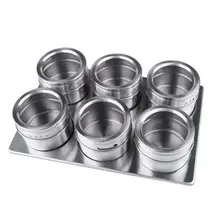 6 Pcs Kitchen Stainless Steel Magnetic Spice Jars With Stainless Trestle Rack Condiments Storage Box