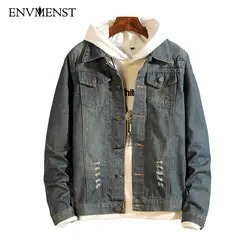 Envmenst плюс размер S-5XL куртка джинсовая мужская однотонная Повседневная обтягивающая модель куртка мужчины осень зима джинсовая куртка
