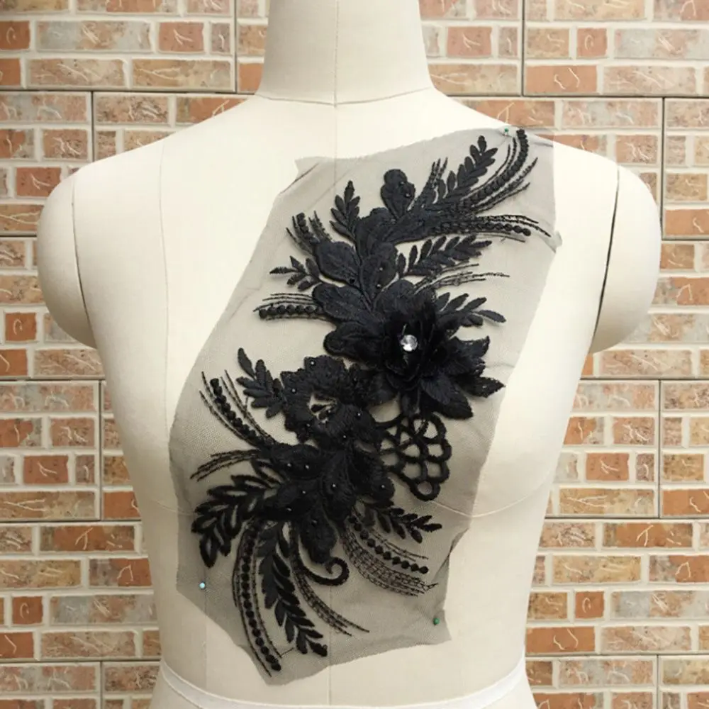 

1pc 3D Flower Embroidery Lace Trim Bridal Wedding Applique Beaded Pearl Tulle DIY Sewing Trims Wedding Decoration