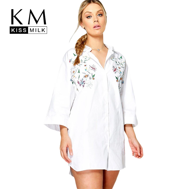

Kissmilk Women Plus Size Foral Embroidery Turn Down Collar Shirt Nine Quarter Sleeve Solid Basic Shirt Large Size Casual Shirt