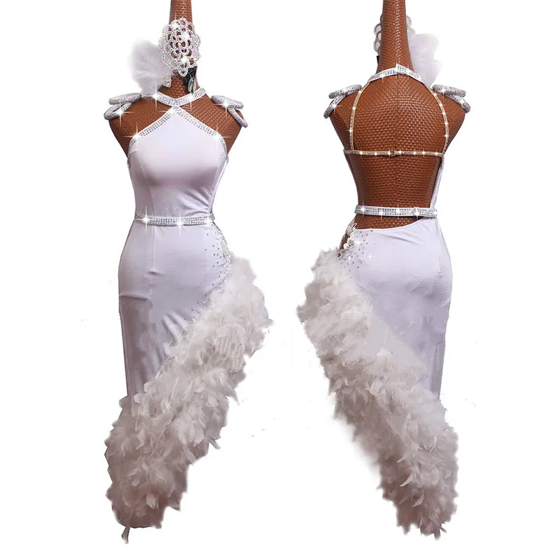 New-Women-Latin-Dance-Dress-High-Grade-White-Feather-Diamond-Irregular-Dresses-For-Ladies-Girls-Latin