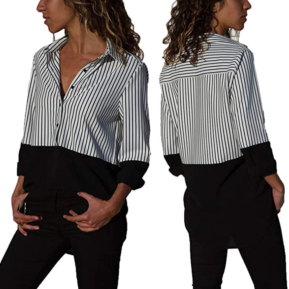 Женские повседневные футболки с длинными рукавами и цветными блочными полосками на пуговицах повседневные дикие v-образные вырезы ropa verano mujer