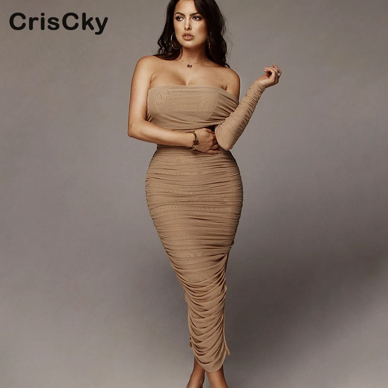 

CRISCKY 2019 Sexy Solid Club Midi Dress Woman Off Shoulder Sleeveless Pleated Summer Skinny Dress Women Party Dress